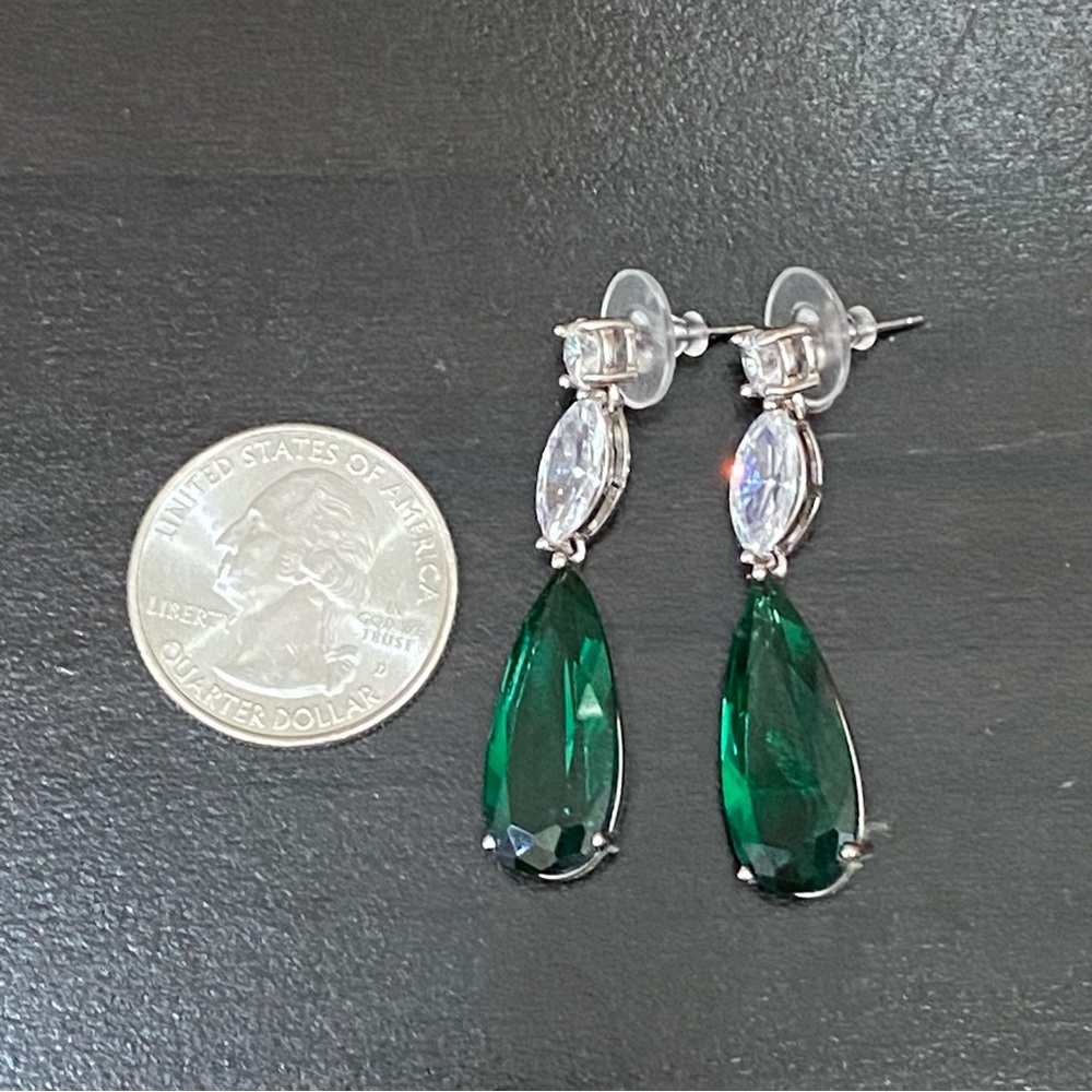 Signed Teardrop Lab Emerald Silvertone Drop Earri… - image 7